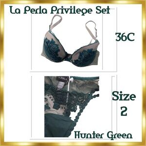 La Perla Privilege Hunter Green/Tan Lace Ribboned Embroidered Set 36C & Panty(2)